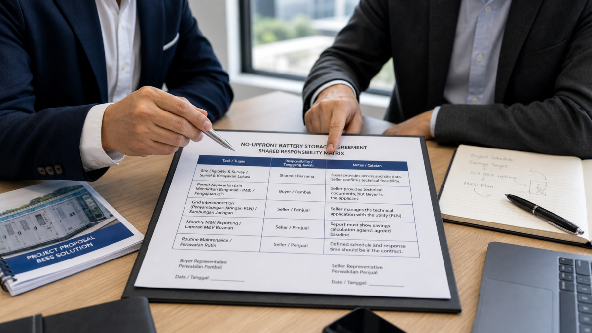 Clarifying Roles in No-Upfront Battery Storage Agreements Two business people pointing at a contract with a shared responsibility matrix table clearly visible.