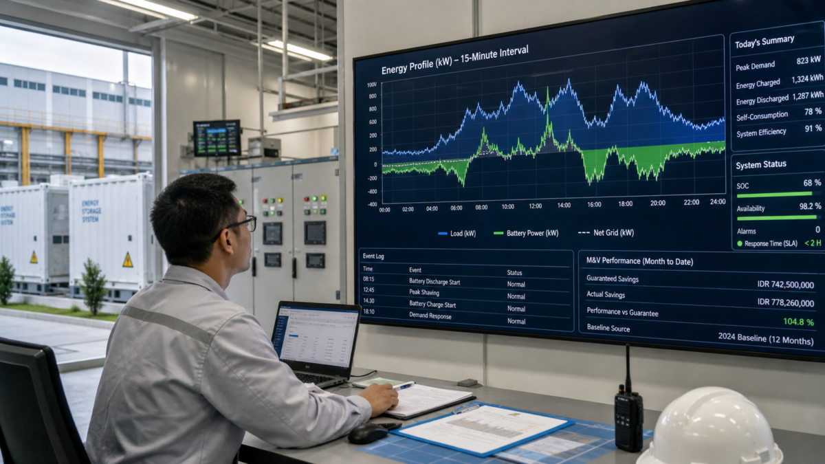 Sizing Battery Systems with Measurement and Verification Data An engineer monitoring a graph of energy peaks and valleys on a large screen inside a facility.