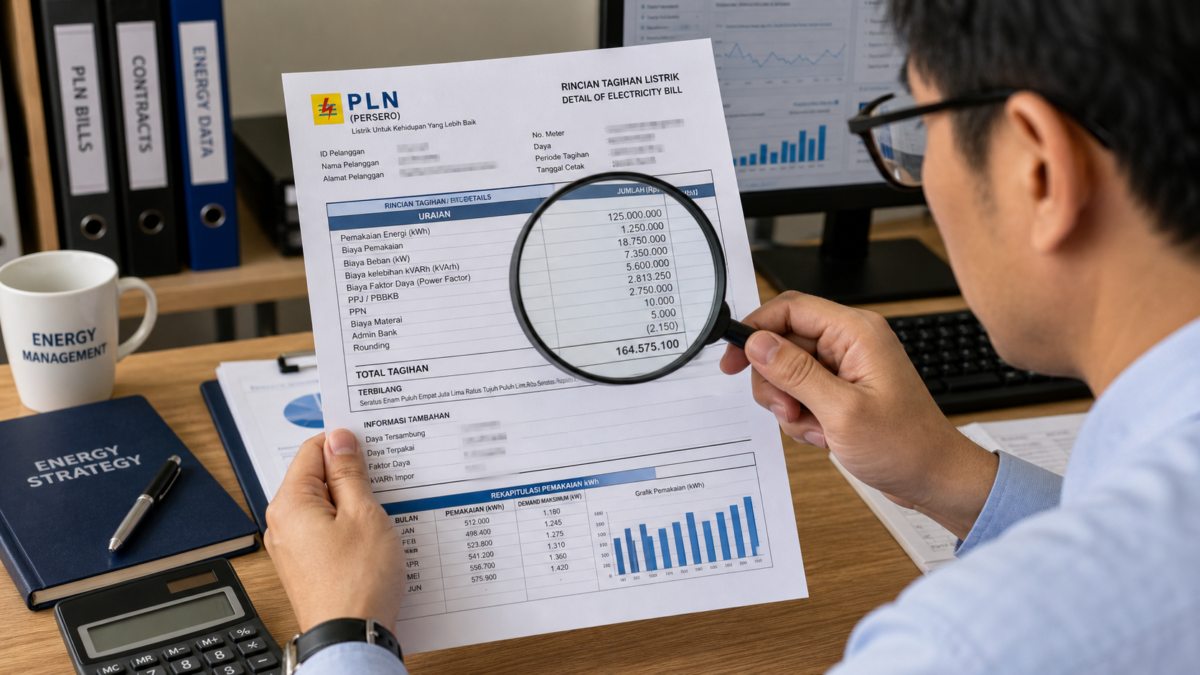 Finding Hidden Costs in Indonesian Utility Bills A person carefully examining a complex PLN electricity bill with a magnifying glass in an office.