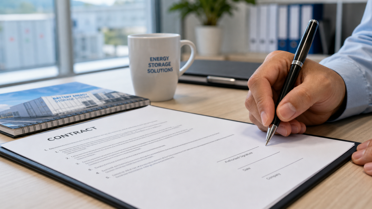 Key Questions to Ask Before Signing a BESS Contract A hand holding a pen, hesitating before signing a contract for a battery storage system.