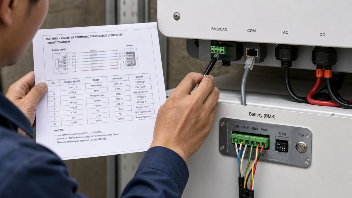 A close-up of a technician's hands comparing a complex wiring diagram to the actual communication ports on a battery and inverter.