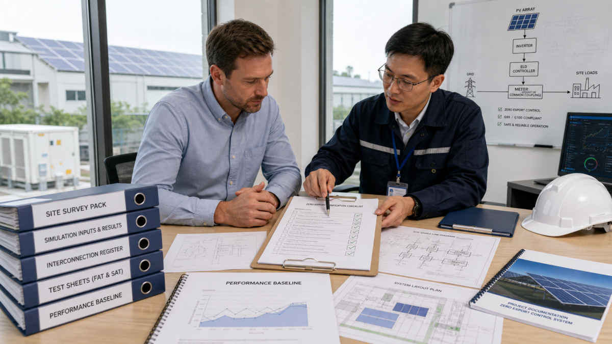 A Buyer's Zero Export Verification Plan A client and an engineer reviewing a verification checklist and technical documents for a solar project