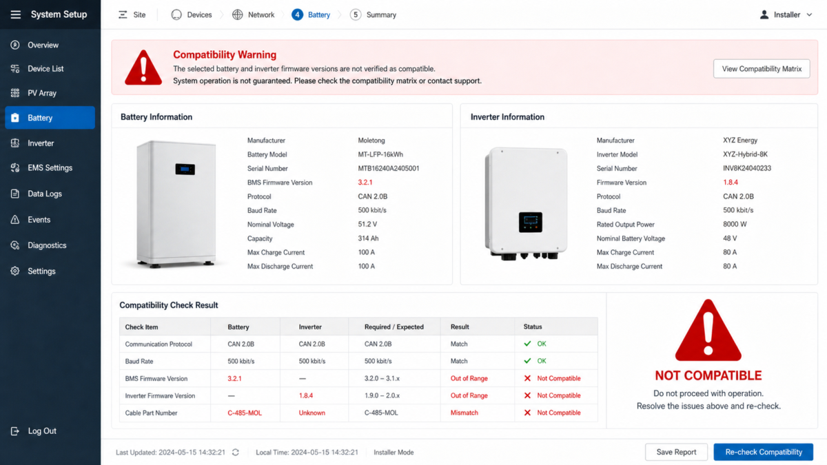 A screenshot of a software interface showing different firmware versions for a battery and an inverter, with a large red compatibility warning icon.