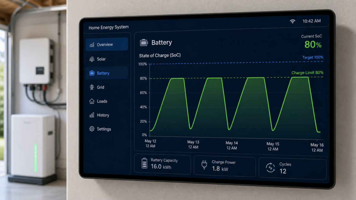 A graph on a home energy monitoring system display showing the battery's state of charge repeatedly plateauing at 80% instead of reaching 100%.