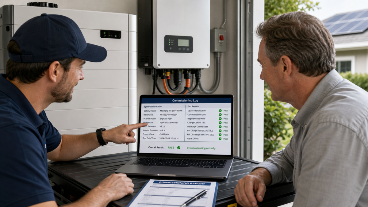 An installer points to a laptop screen showing a homeowner the completed commissioning log, with green checkmarks indicating successful system communication tests.