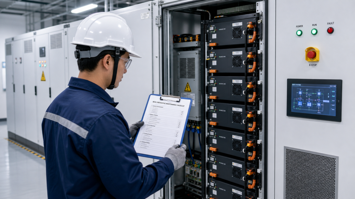 A Practical Checklist for BESS Preventive Maintenance. An engineer holding a checklist while inspecting a commercial and industrial BESS cabinet in a clean facility.
