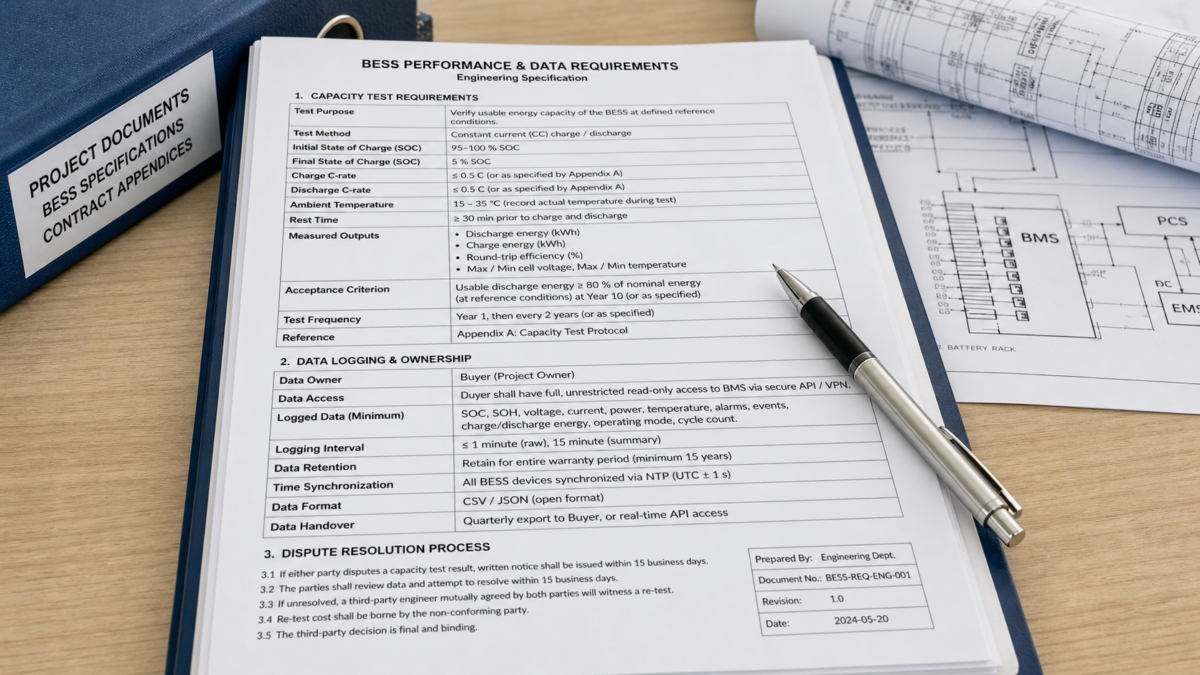 Defining BESS Guarantees as Engineering Requirements. A close-up of an engineering document specifying BESS capacity test parameters and data logging requirements.