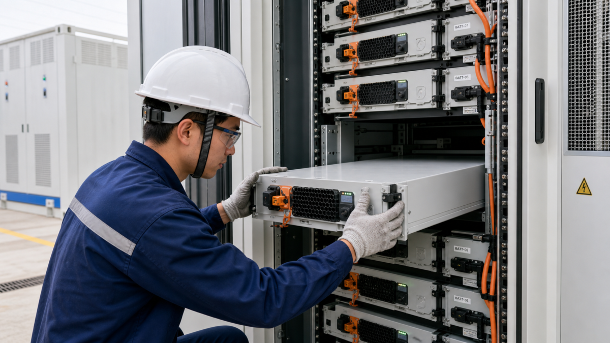 Visualizing Battery Augmentation in a BESS. A technician carefully sliding a new lithium-ion battery module into a rack within an energy storage system.
