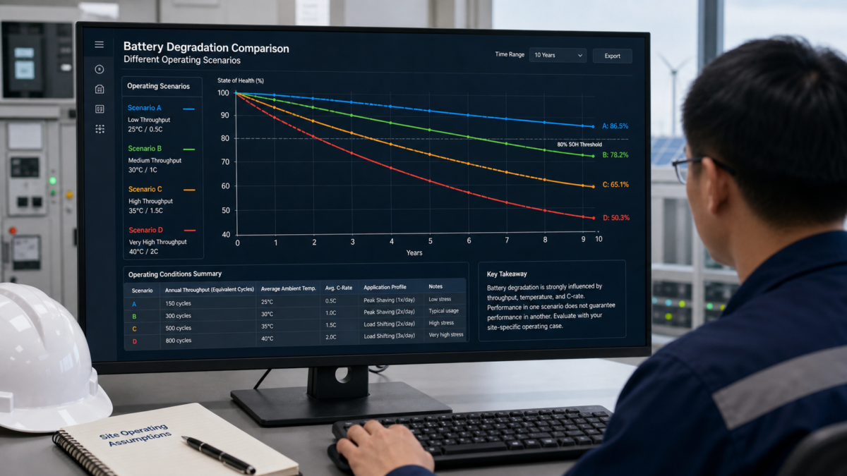 Comparing BESS Performance Under Different Scenarios. A computer screen displaying multiple battery degradation curves, showing different performance outcomes based on varied operating conditions.