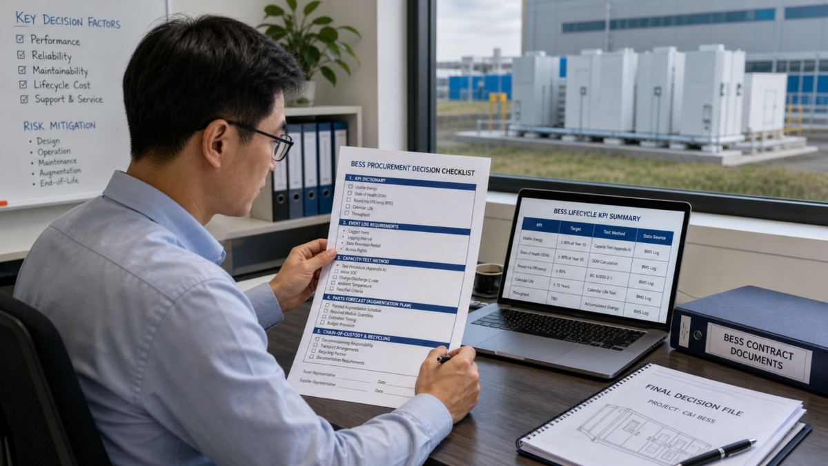 The Final Documentation for Your BESS Decision. A project manager reviewing a final BESS procurement decision checklist with defined KPIs and test methods.