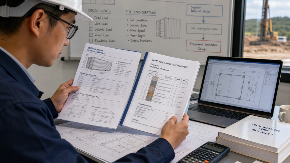 Translating BESS Data into a Site-Specific Engineering Plan A civil engineer comparing a BESS technical datasheet to a local geotechnical soil report.