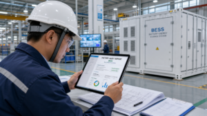 An engineer carefully reviewing a BESS factory audit report on a tablet inside a modern factory.
