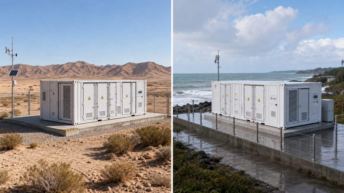 Comparing BESS Foundation Needs in Different Environments A split view showing two BESS installations in different environments, one desert and one coastal.