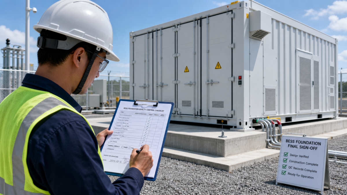 Final Sign-Off and Documentation for BESS Foundation An inspector signing a quality control checklist in front of a newly installed BESS unit.