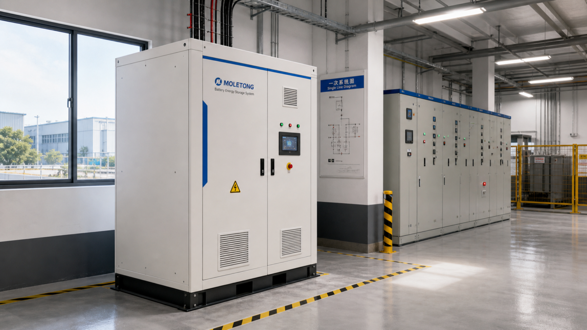 Visualizing Standalone Battery Viability for Commercial Peak Shaving A Moletong commercial battery energy storage cabinet installed inside a clean factory utility room.
