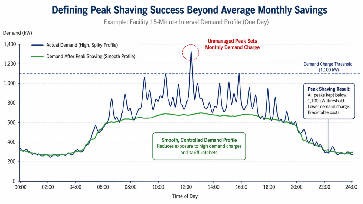 Defining Peak Shaving Success Beyond Average Monthly Savings A line graph comparing a facility's high, spiky energy demand against a smooth, shaved demand profile.