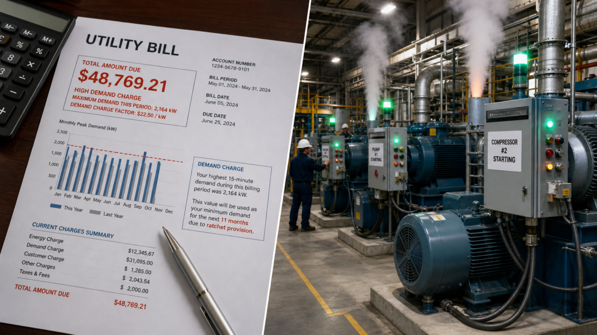 The Trade-Off Between Tariff Ratchets and Unpredictable Coincident Loads A split-screen image showing a high utility bill next to industrial machinery starting up simultaneously.