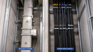 A split view showing a compact bus duct system next to multiple bundled rising main cables in a vertical shaft.