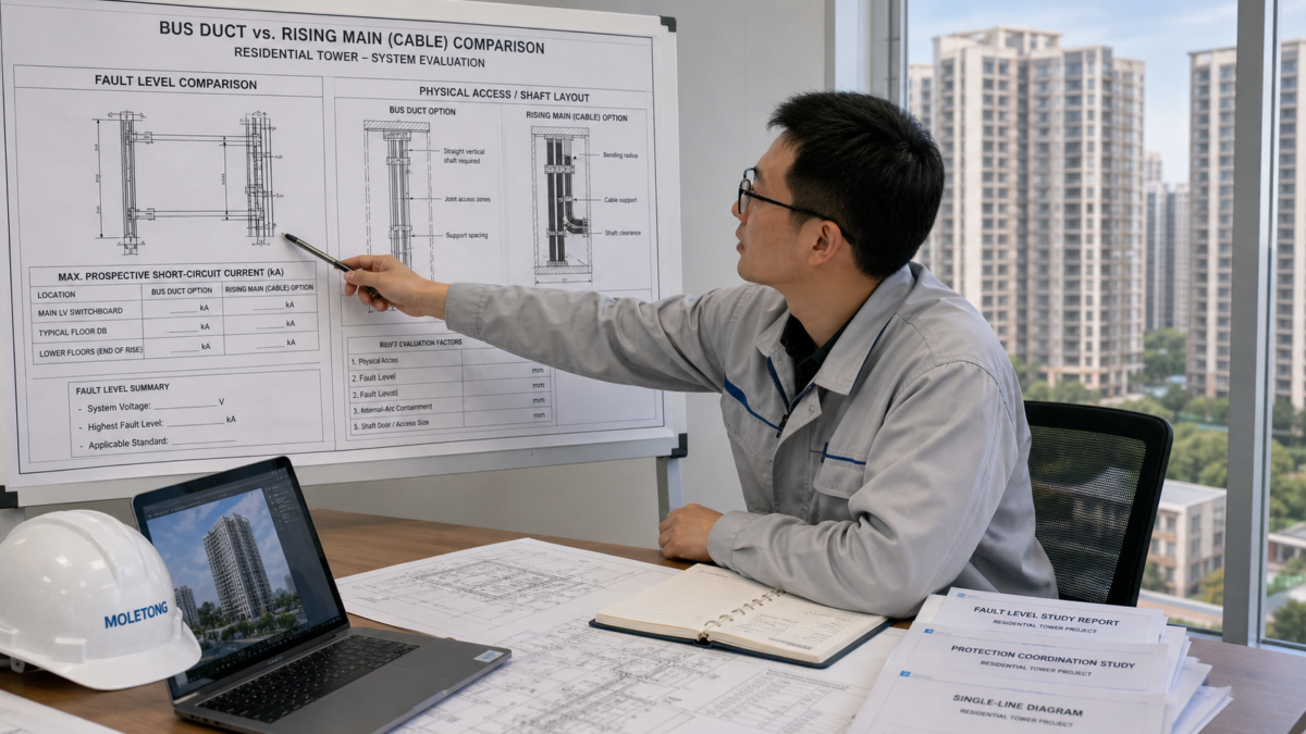 Making a Measurable Electrical System Decision An engineer pointing to a technical drawing comparing fault levels and physical access shafts for a residential tower.