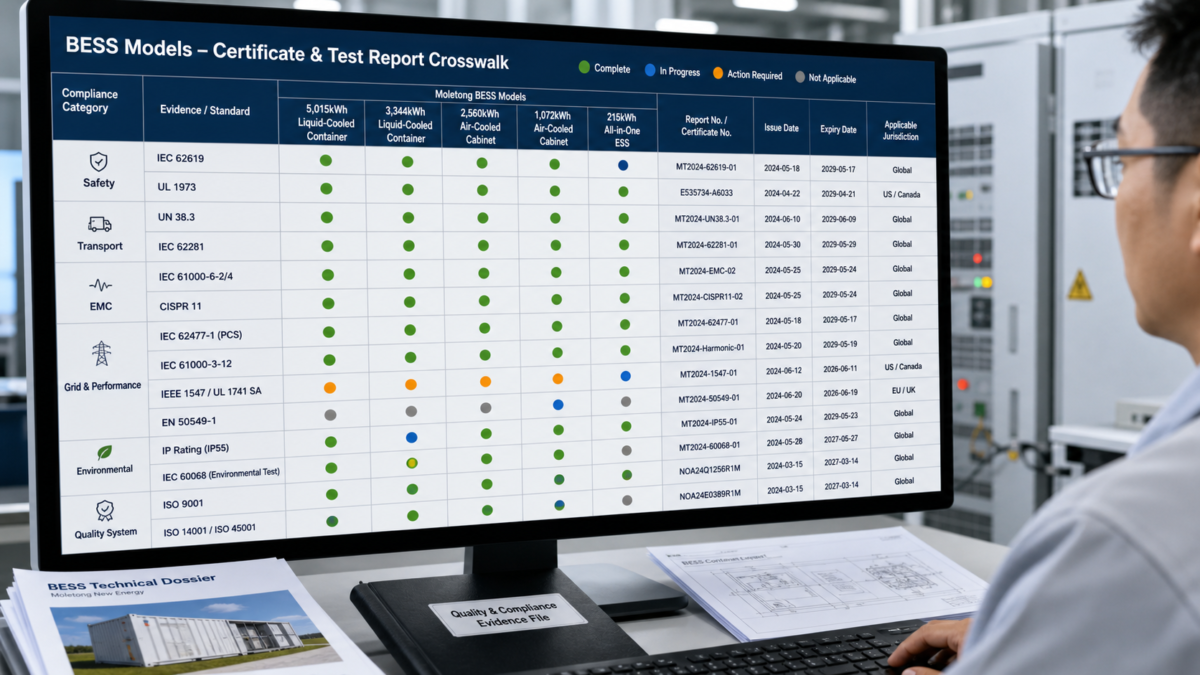 A detailed matrix on a screen showing BESS models cross-referenced with compliance certificates and test reports.