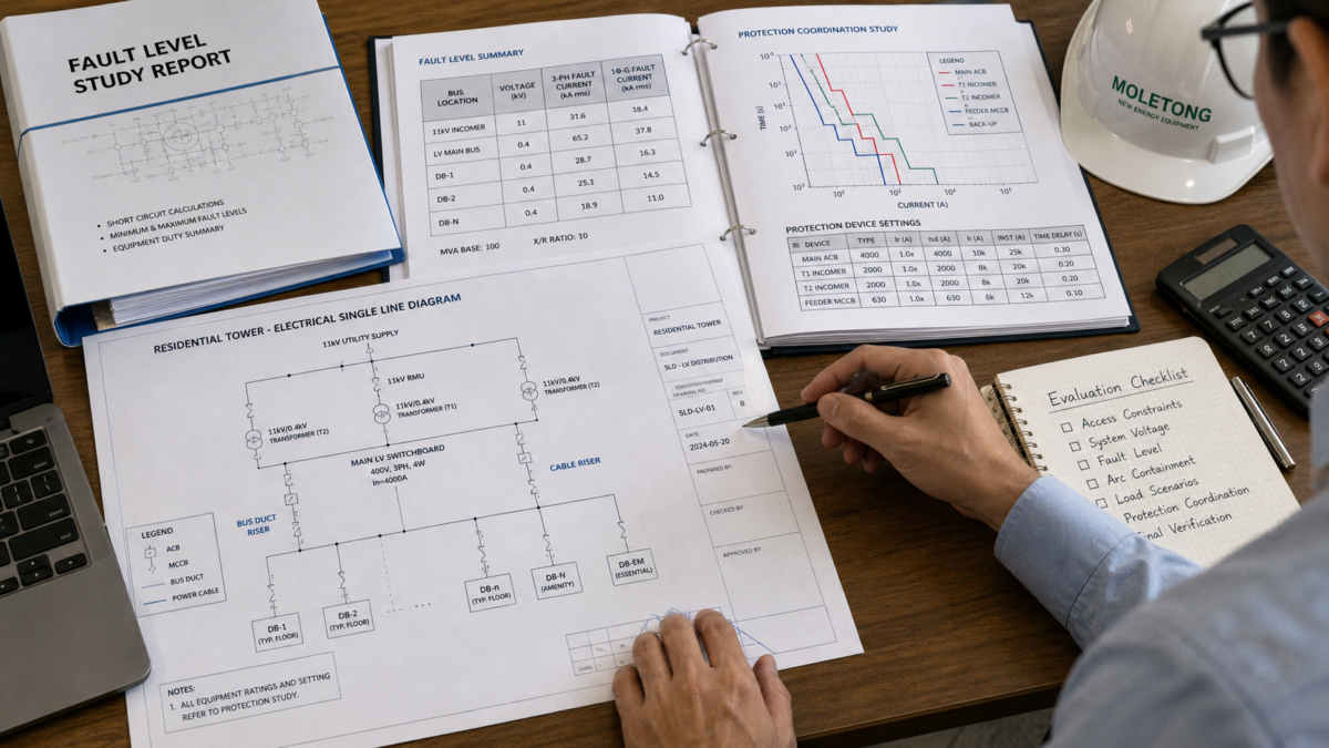 Essential Data for Electrical System Evaluation A detailed single-line diagram and fault study report spread out on a project manager's desk for review.