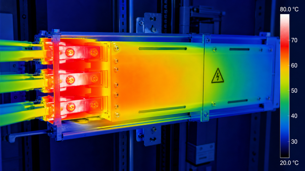Analyzing the Risk Profile Under Load A thermal scan image showing heat distribution in a bus duct system under heavy electrical load conditions.