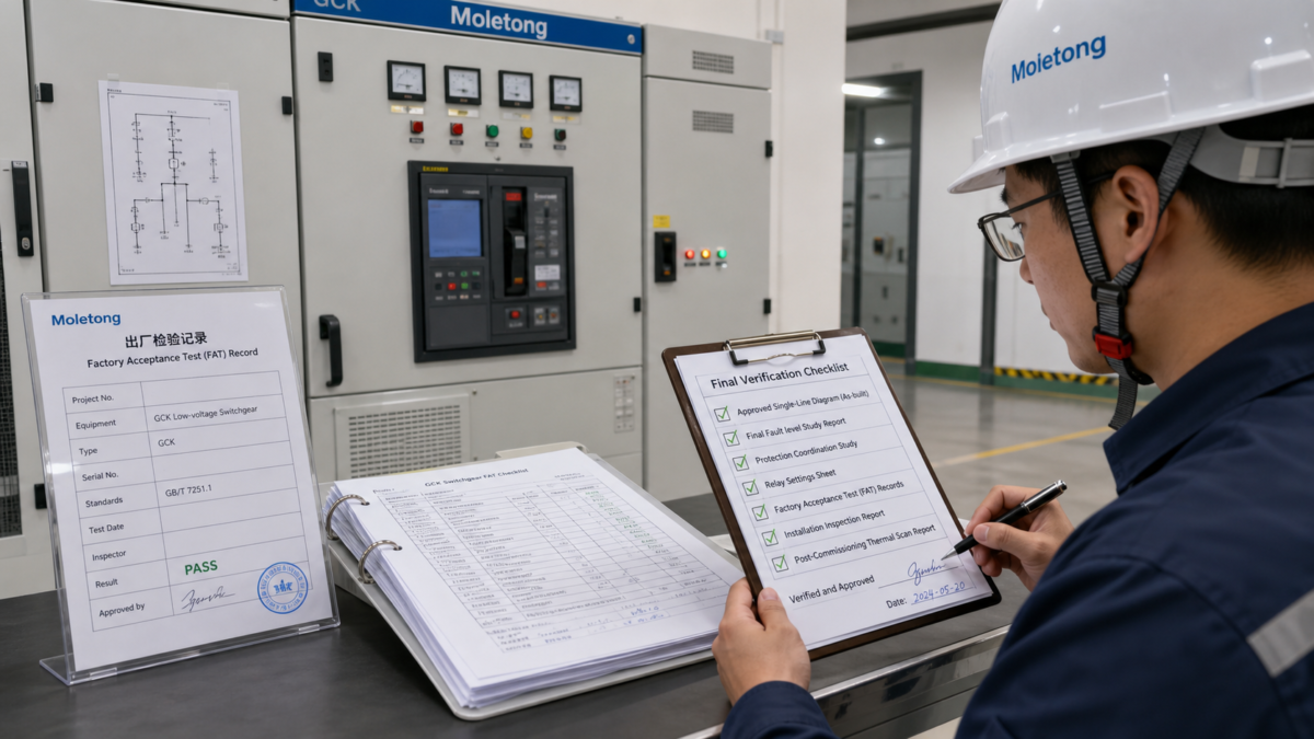 Final Verification Checklist for System Approval An inspector using a checklist to verify a Factory Acceptance Test record for a Moletong GCK switchgear panel.