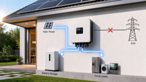 A hybrid inverter with arrows showing power flowing only to the home and battery, not the grid.