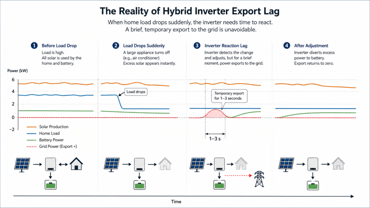 The Reality of Hybrid Inverter Export Lag A diagram showing a sudden drop in home load causing a brief, temporary power export to the grid.