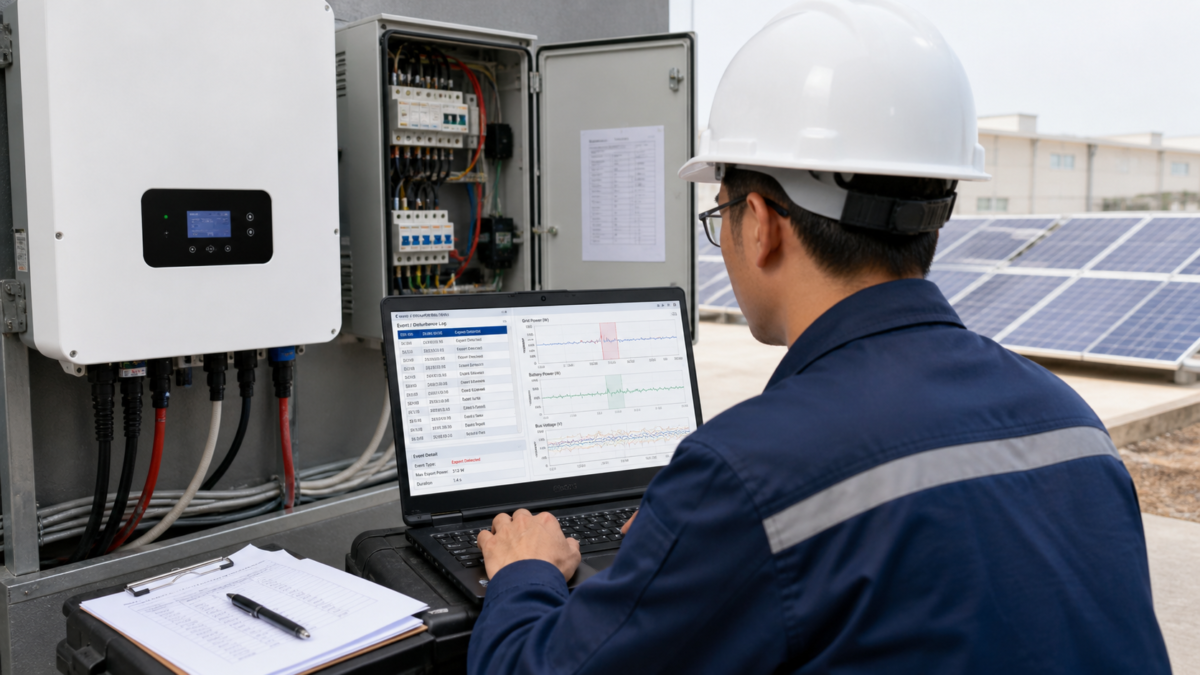 Testing Hybrid Inverter Zero Export Assumptions An engineer using a laptop to analyze a hybrid inverter's performance logs and disturbance data on-site.
