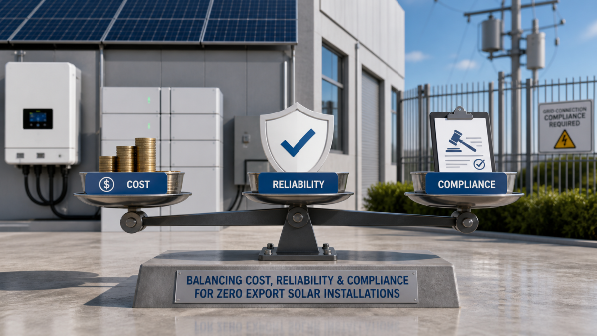 Finding the Right Balance for Zero Export Systems A three-way scale balancing cost, system reliability, and regulatory compliance for a zero export solar installation.