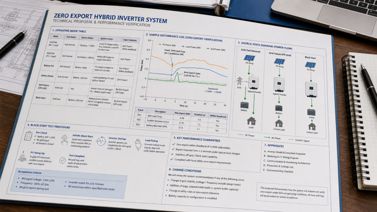 What a Complete Zero Export Proposal Includes A detailed technical proposal showing diagrams, performance charts, and test procedures for a hybrid inverter system.
