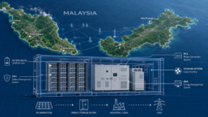 A technical blueprint of a battery energy storage system being overlaid on a map of Malaysia
