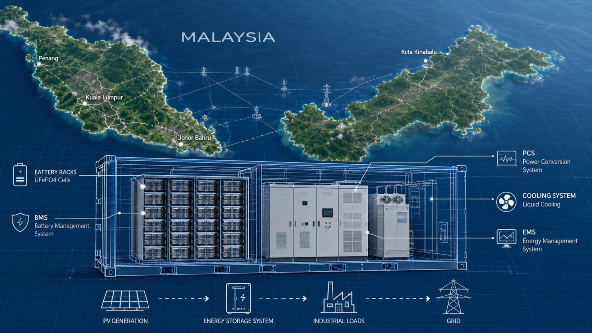 A technical blueprint of a battery energy storage system being overlaid on a map of Malaysia