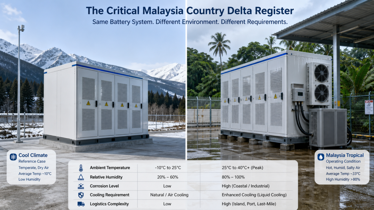 A comparison shows a battery system in a cool climate versus one in Malaysia's tropical humidity