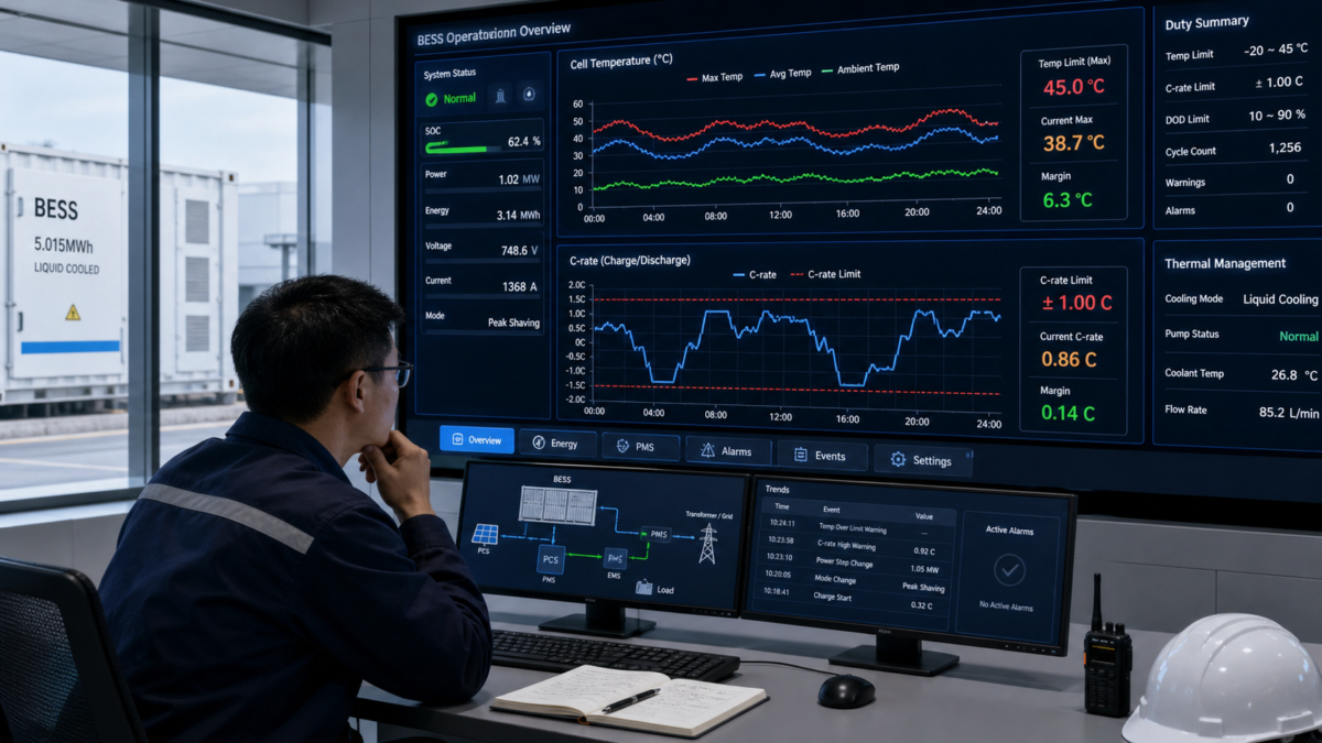 A technician monitoring performance graphs of a BESS showing temperature and C-rate limits on a large screen.