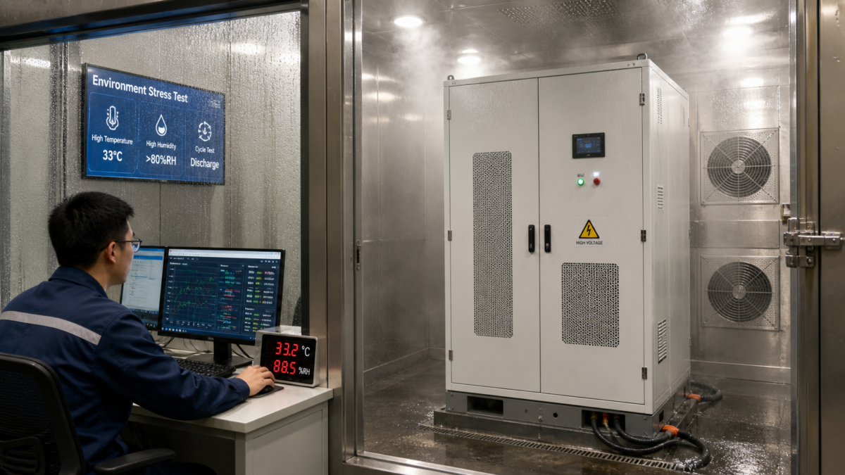 An engineer stress-testing a commercial battery energy storage cabinet in a hot, humid environmental chamber