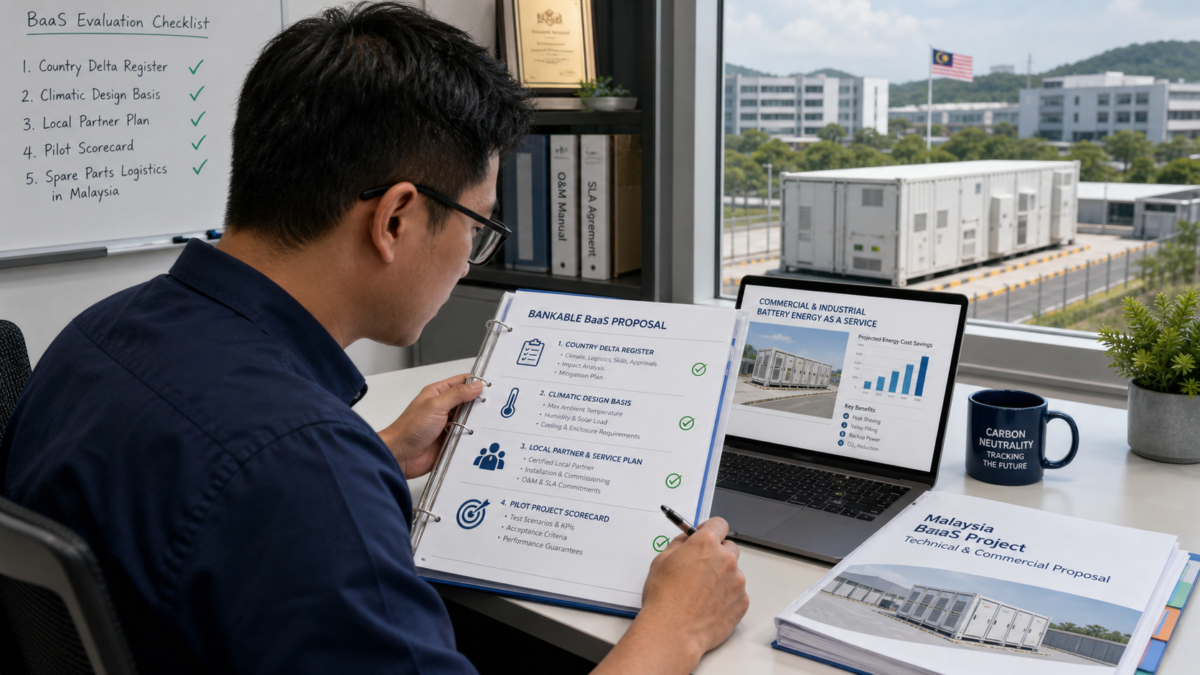 A project manager reviews a detailed and bankable Battery as a Service proposal for a Malaysian facility