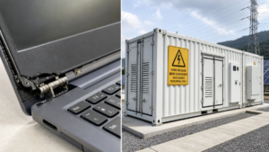 A split image showing a broken laptop hinge next to a large-scale BESS container with a warning sign