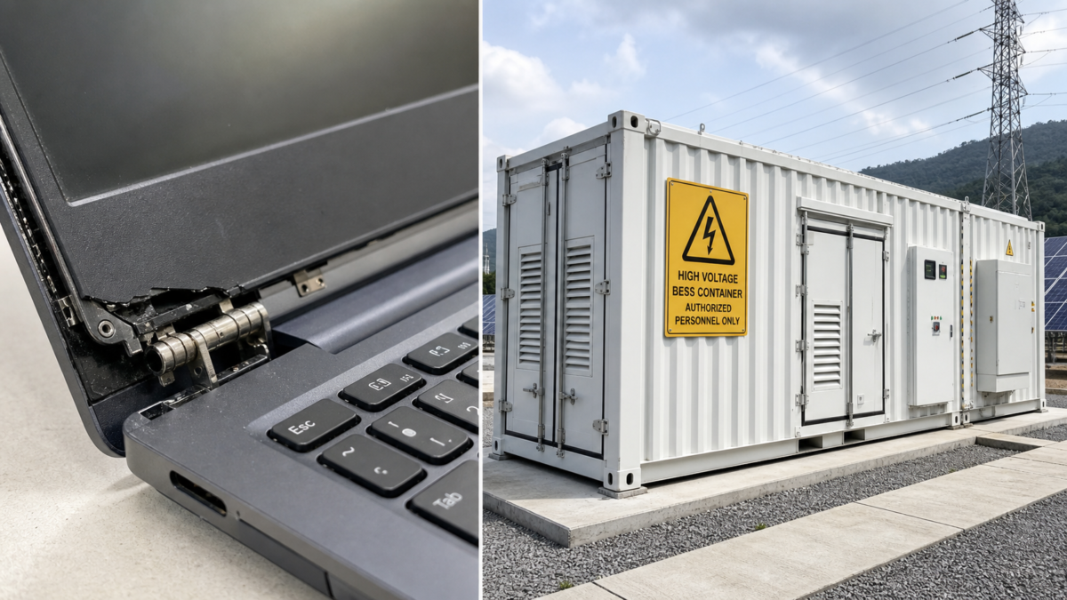 A split image showing a broken laptop hinge next to a large-scale BESS container with a warning sign
