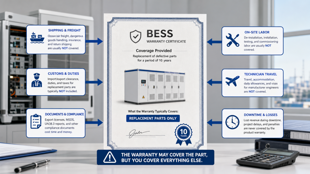 An infographic showing a BESS warranty certificate with arrows pointing out hidden costs like shipping and labor