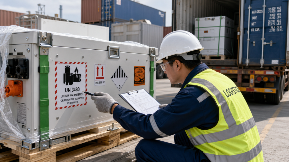 A logistics worker carefully inspecting dangerous goods labels on a BESS module before international shipment