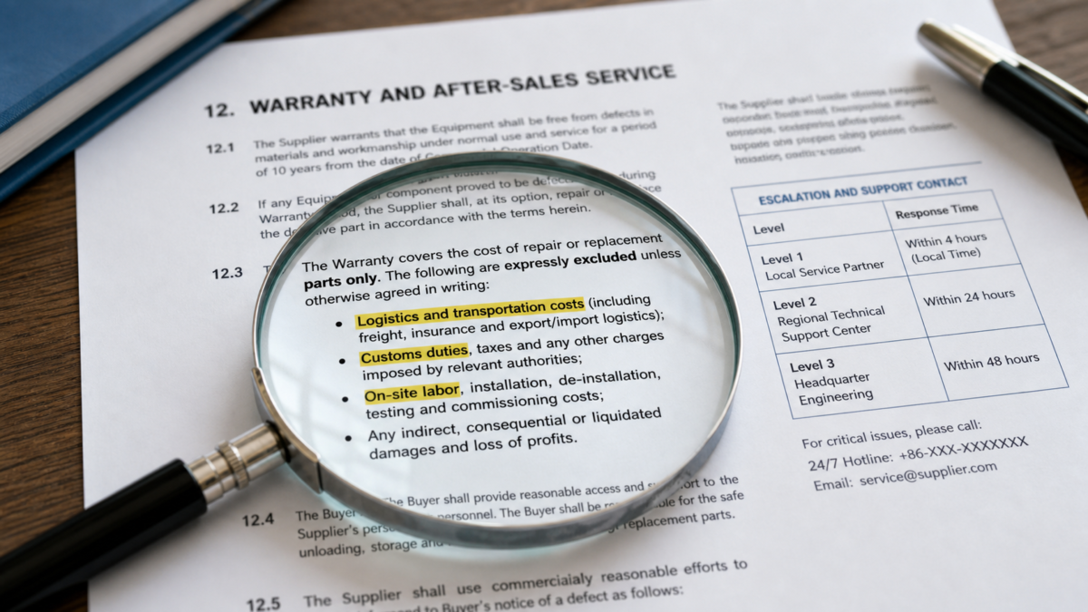 A close-up of a contract's warranty section with a magnifying glass highlighting key terms like logistics and labor costs