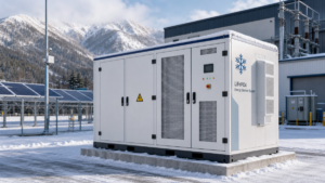 A large LiFePO4 energy storage cabinet operating in a snowy industrial environment.