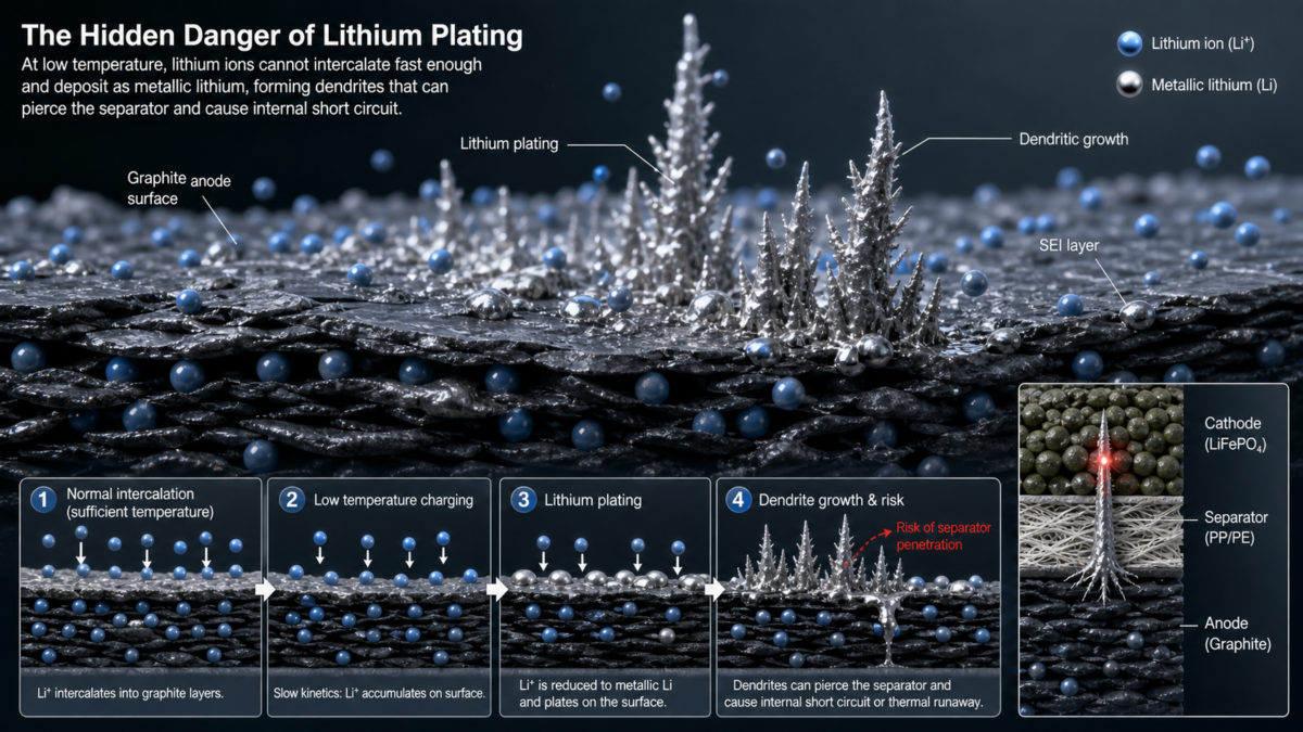 A detailed microscopic diagram showing lithium plating dendrites forming on a battery anode surface.