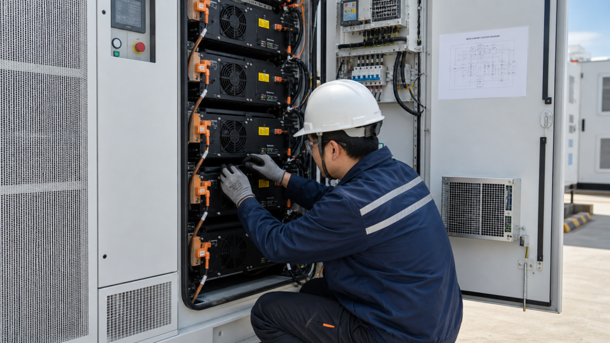 An engineer servicing a modular BESS cabinet, highlighting easy access to internal components and safety systems.