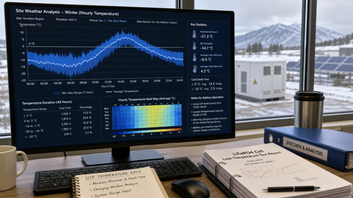 A detailed weather data graph showing hourly temperature fluctuations for a site during winter.
