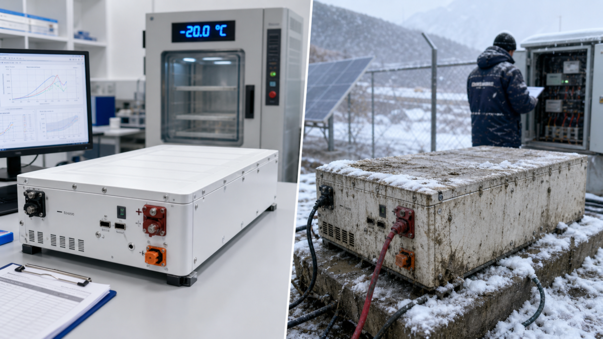 A split-screen image showing a pristine battery in a lab versus a dirty battery in a cold, real-world setting.