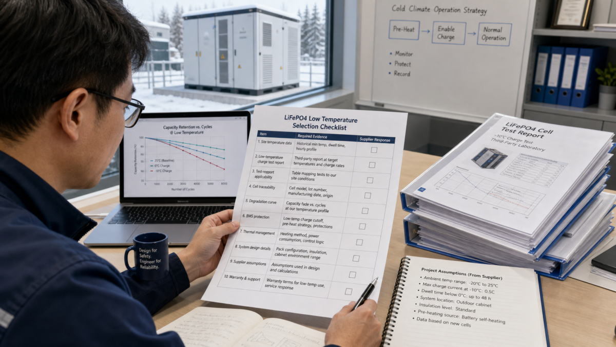 An engineer at a desk carefully reviewing a technical checklist next to battery cell test reports.
