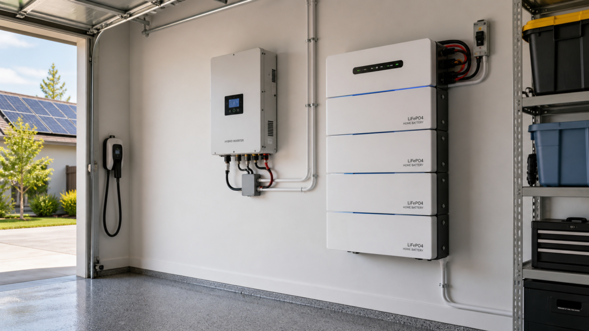 A cleanly installed LiFePO4 home battery wall rack in a modern garage next to a hybrid inverter.